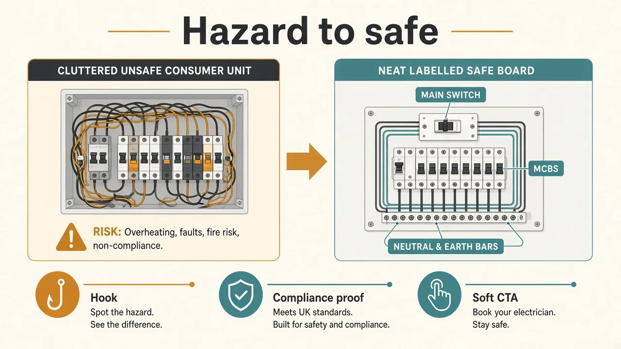 Diagram of a hazard-to-safe compliance Meta static: problem cue, tidy board, contact CTA.