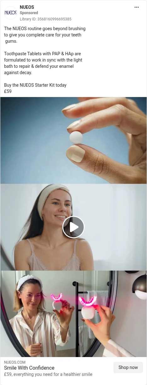 Based on Ad Library ID 3568160996695385, NUEOS: tablet to camera, then mirror brushing with an LED light. FLAG: enamel repair claim needs evidence.