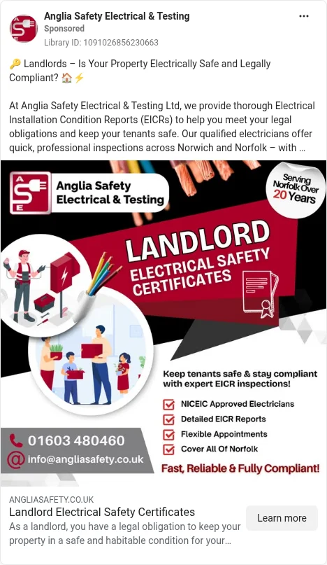 Based on Ad Library ID 1091026856230663 — Anglia Safety Electrical & Testing public Meta creative (left-column crop).
