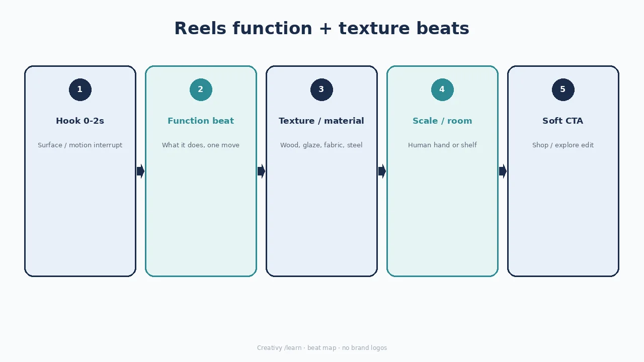 Diagram of a homeware Reels beat: hook, function, texture, scale, soft CTA.