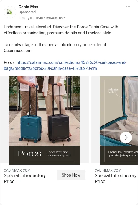 Based on Ad Library ID 1840715040610971, Cabin Max (UK brand) · cabin carousel (closest, no sizer) · GB Meta Ad Library, viewed 5 Oct 2026. FLAG: EasyJet size; 2.3kg; intro price.