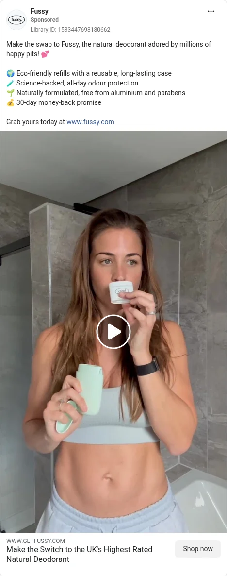Based on Ad Library ID 1533447698180662 — Fussy "Make the swap" bathroom refill video. FLAG: bathroom case + refill handling and sniff test, no explicit click-in close-up of the refill going into the case (left-column crop).