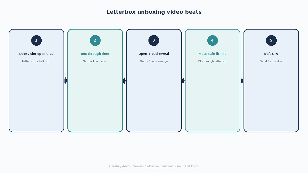 Diagram of letterbox unboxing beats: door/slot, box through, open + bud reveal, mute-safe fit, soft CTA.