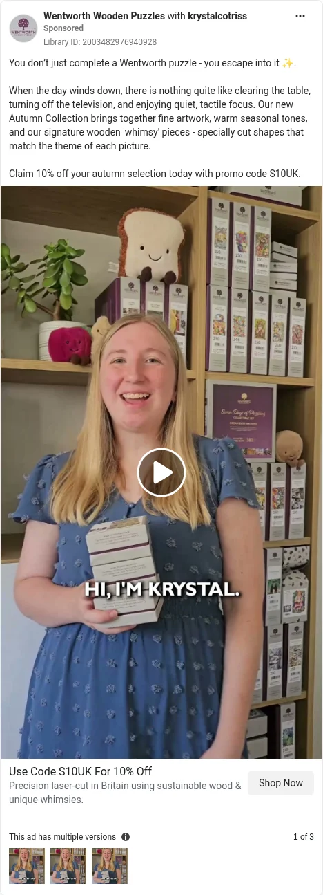 Based on Ad Library ID 2003482976940928, Wentworth · creator craft video · GB Ad Library, 6 Oct 2026. FLAG: creator/paid-partnership label; wellbeing captions 'REDUCE STRESS', 'MY MOOD AND STRESS LEVELS'; code S10UK.