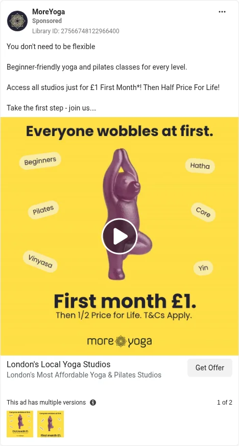 Based on Ad Library ID 27566748122966400 — MoreYoga public Meta creative (left-column crop).