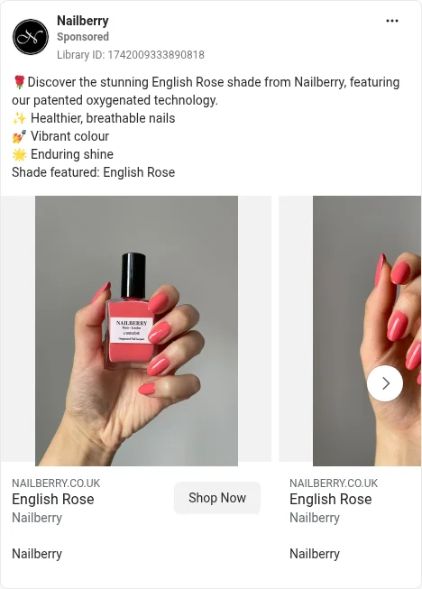 Based on Ad Library ID 1742009333890818 — Nailberry public Meta creative (left-column crop).