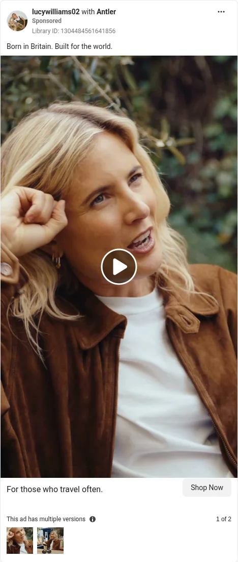 Based on Ad Library ID 1304484561641856, Antler (UK brand) · creator carry-on · GB Meta Ad Library, viewed 5 Oct 2026. FLAG: paid-partnership; Sponsored; no #ad.