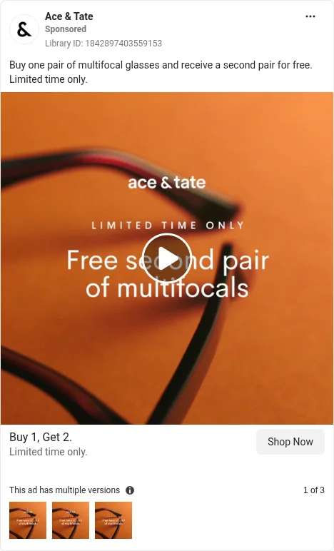 Based on Ad Library ID 1842897403559153 — Ace & Tate multifocal Buy 1 Get 2 video (EN copy, not DE/FR; left-column crop).