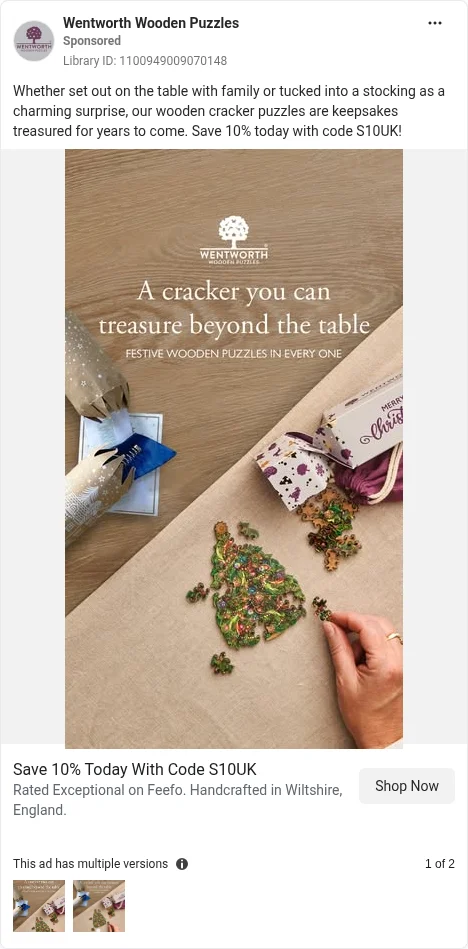 Based on Ad Library ID 1100949009070148, Wentworth · gift static, closest live GB card · GB Ad Library, 6 Oct 2026. FLAG: 'tucked into a stocking'; code S10UK, no end date or terms; 'Handcrafted in Wiltshire, England.'; Feefo rating.