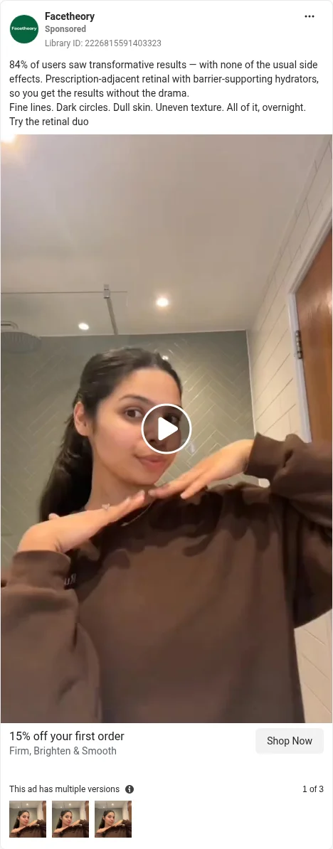 Based on Ad Library ID 2226815591403323 — Facetheory public Meta creative (ASA-sensitive results video; left-column crop).