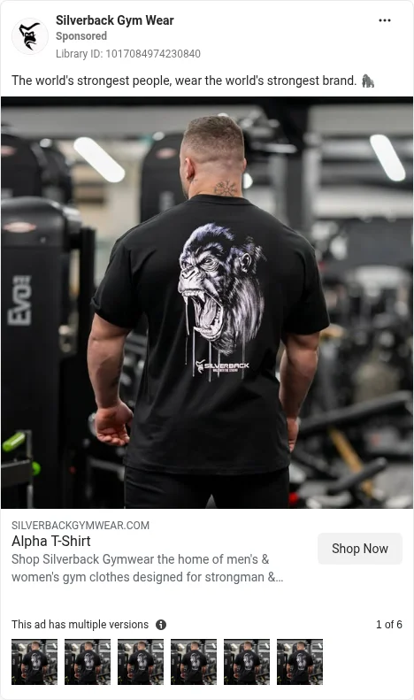 Based on Ad Library ID 1017084974230840 — Silverback Gym Wear public Meta creative (FLAG: no true carousel; left-column crop).