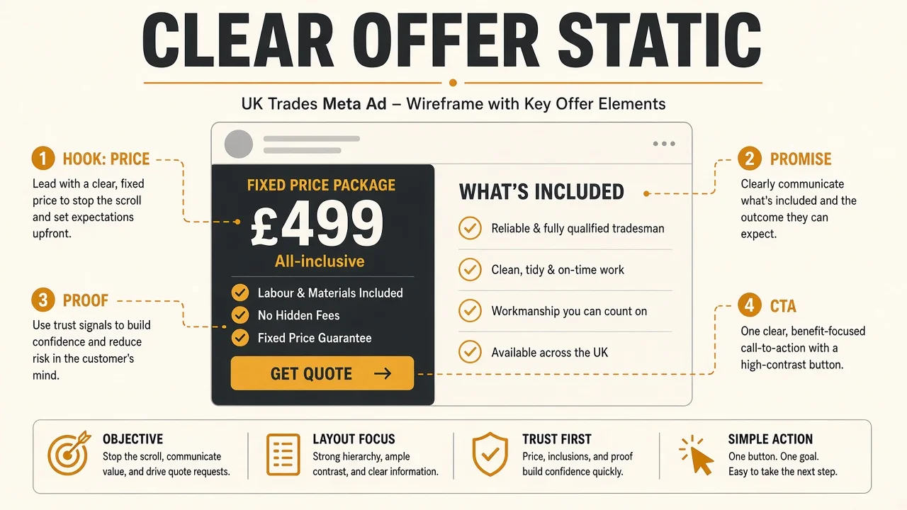Diagram of a clear EV offer Meta static: price block, inclusions, trust, CTA.