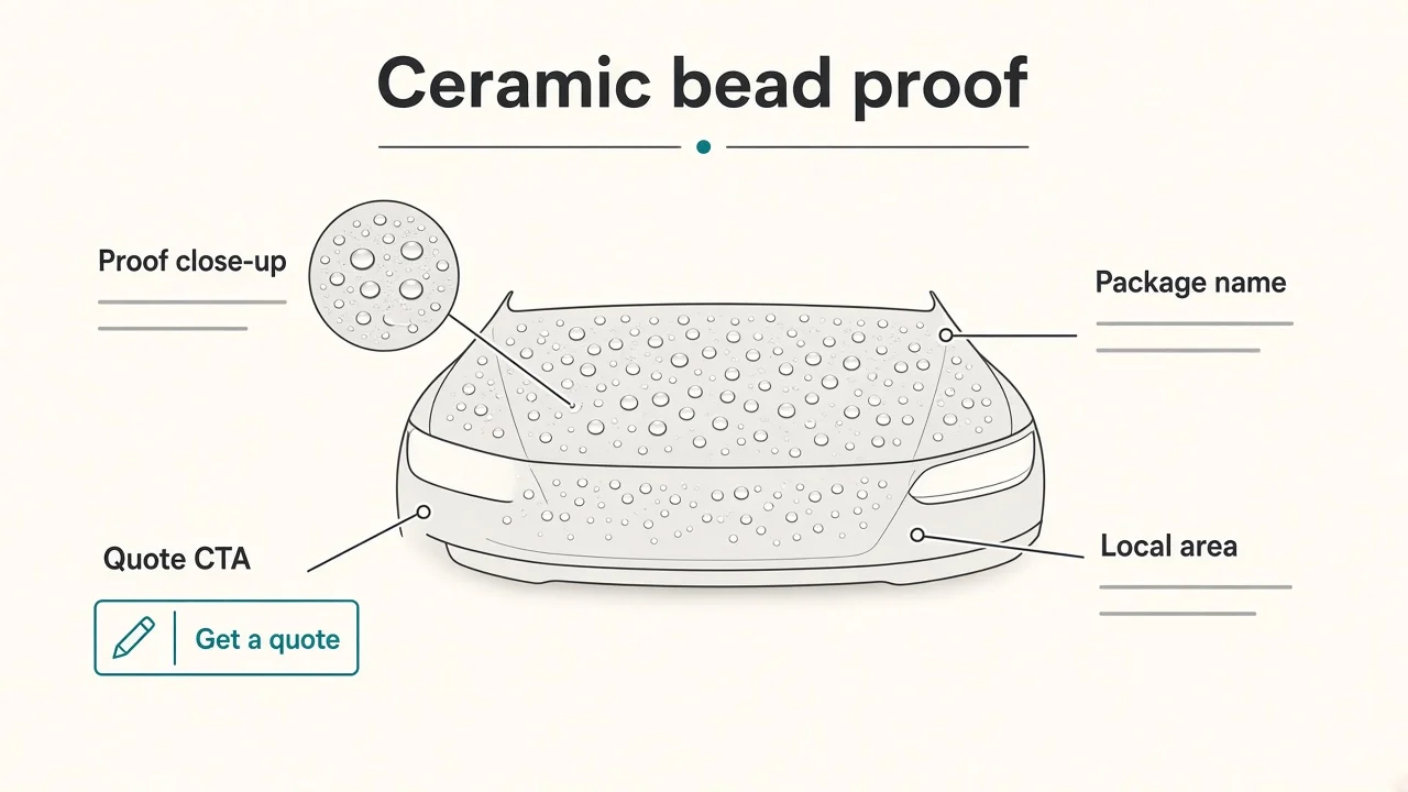 Diagram showing a ceramic proof clip: hood close-up, swirl light, and package name on screen.