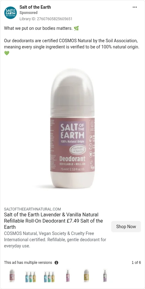 Based on Ad Library ID 27607605825605651 — Salt of the Earth per-scent product cards. FLAG: per-scent versions shown as a 'multiple versions' 1 of 6 strip, not a swipe carousel; no limited edition or collab case (left-column crop).