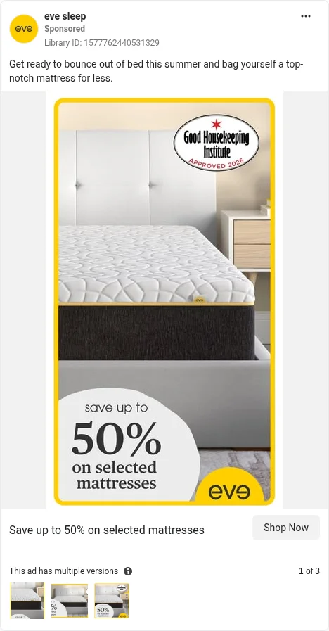 Based on Ad Library ID 1577762440531329 — eve sleep product static (FLAG: multi-version, not true carousel; left-column crop).