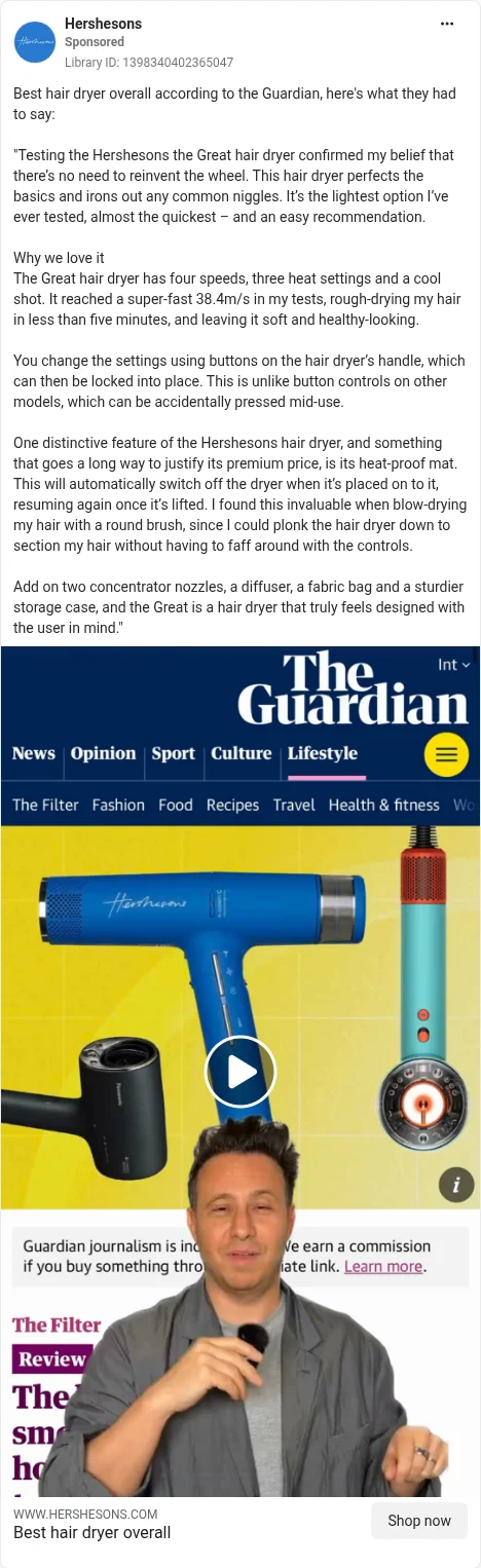 Based on Ad Library ID 1398340402365047, Hershesons (UK brand) · The Great Hair Dryer · press-quote video · GB Ad Library, 9 Oct 2026. FLAG: review's 'What we don't love' left out (CAP 3.50); affiliate-commission notice in frame; presenter not named; unbranded styler visible.