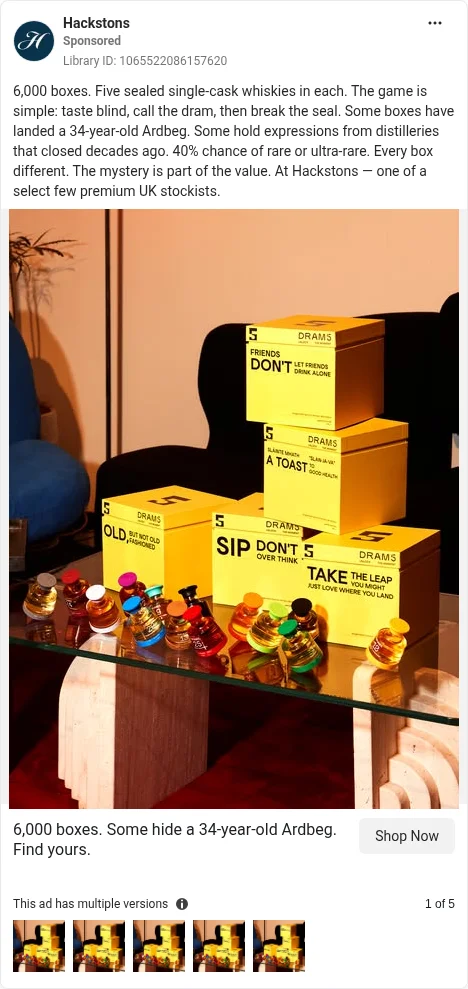 Based on Ad Library ID 1065522086157620 — Hackstons (Dram5 blind box) static. FLAG: borrow the layout only; the box slogans and 'rare' odds framing aren't recommended (CAP 18).