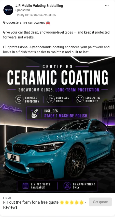 Based on Ad Library ID 1488465429523135 — J.R Mobile Valeting & detailing public Meta creative (left-column crop).