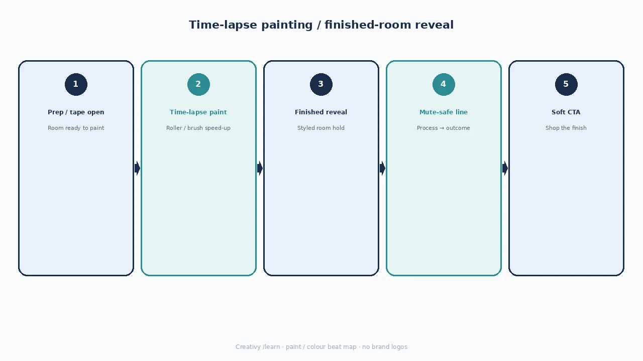 Diagram of time-lapse / finished-room reveal beats: prep tape, time-lapse paint, finished reveal, mute-safe line, soft CTA.