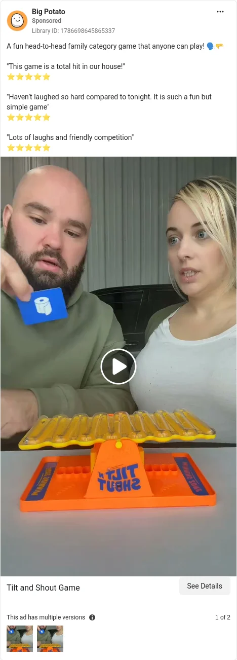 Based on Ad Library ID 1786698645865337, Big Potato · table-play video · GB Ad Library, 6 Oct 2026. FLAG: three 5-star review quotes without source; 'family' wording, no age mark.