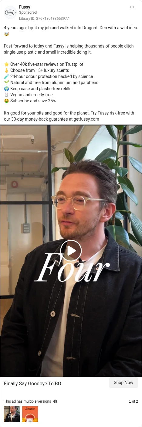 Based on Ad Library ID 2767180133653977 — Fussy founder video ("I quit my job and walked into Dragon's Den") (left-column crop).