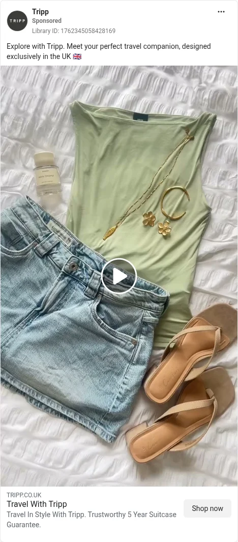 Based on Ad Library ID 1762345058428169, Tripp (UK brand) · pack-with-me · GB Meta Ad Library, viewed 5 Oct 2026. FLAG: capacity/weight; 5-yr guarantee; Sponsored only.