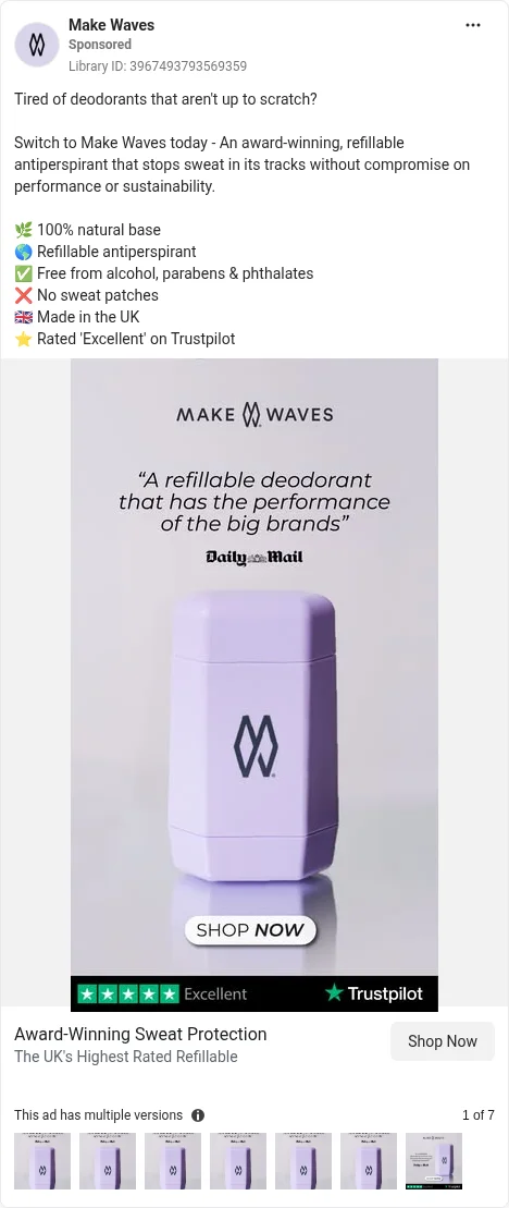 Based on Ad Library ID 3967493793569359 — Make Waves press-quote + Trustpilot proof static. FLAG: Daily Mail press quote + Trustpilot 'Excellent' card stands in for a chat screenshot; no live GB iMessage/WhatsApp-screenshot deodorant card found (left-column crop).