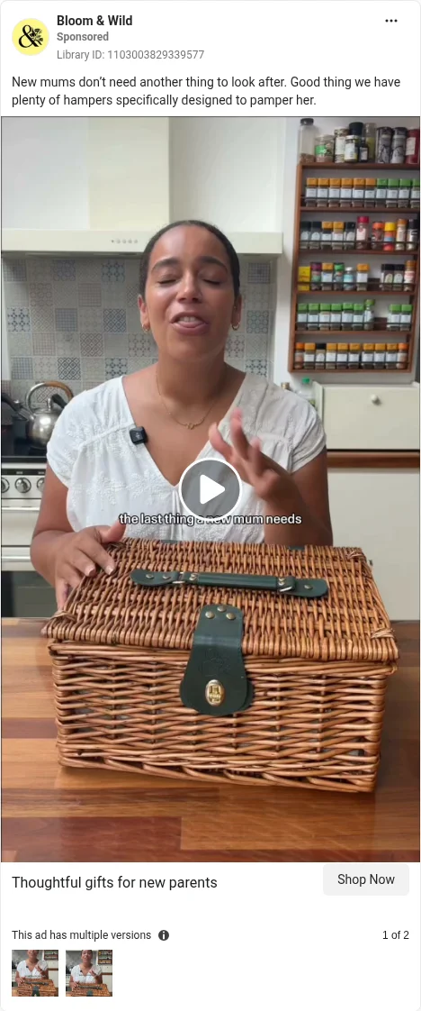 Based on Ad Library ID 1103003829339577 — Bloom & Wild new-mums occasion / gifting calendar video (left-column crop).