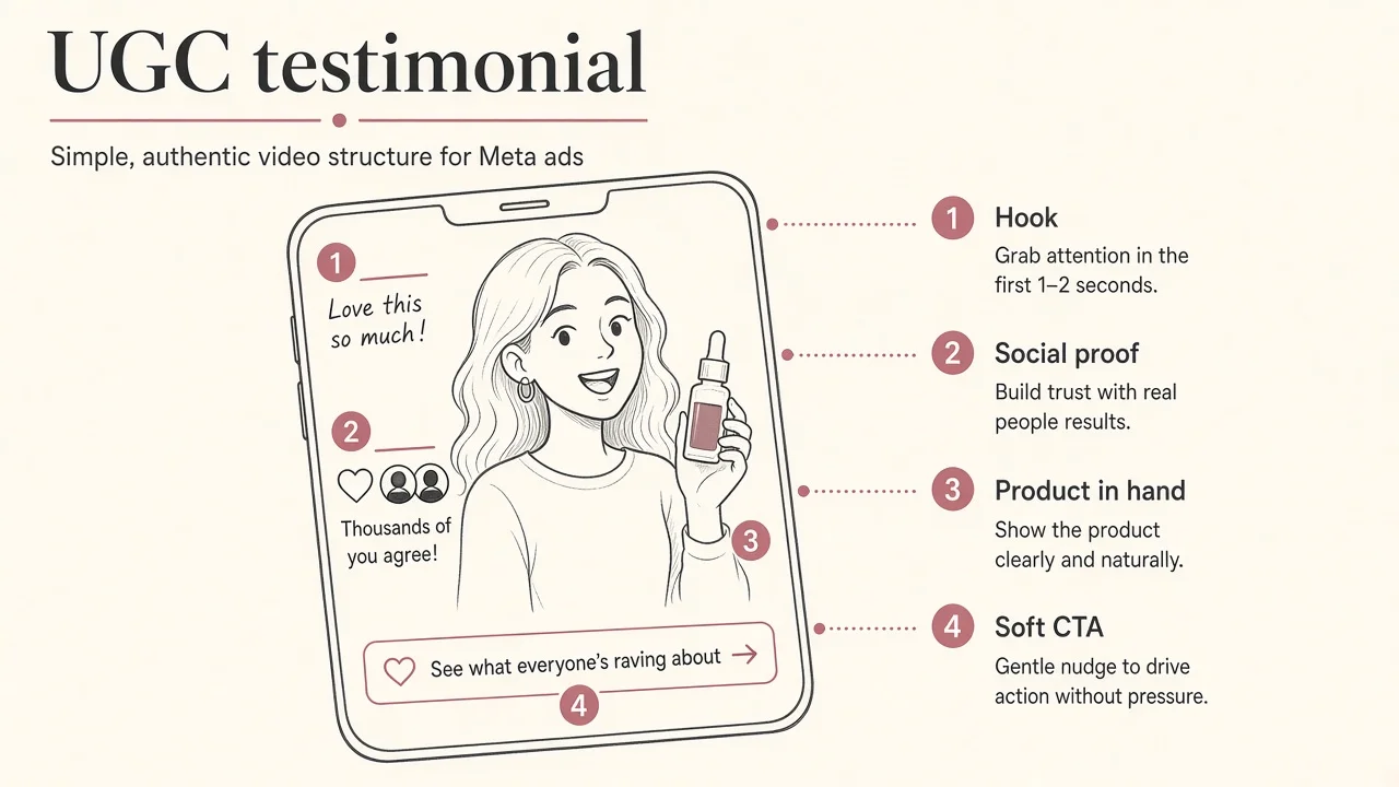 Diagram of a UGC face-to-cam beauty Reel: person, product in hand, proof line, CTA.