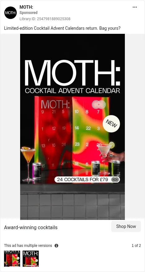 Based on Ad Library ID 2547981889025308 — MOTH Cocktail Advent Calendar static.