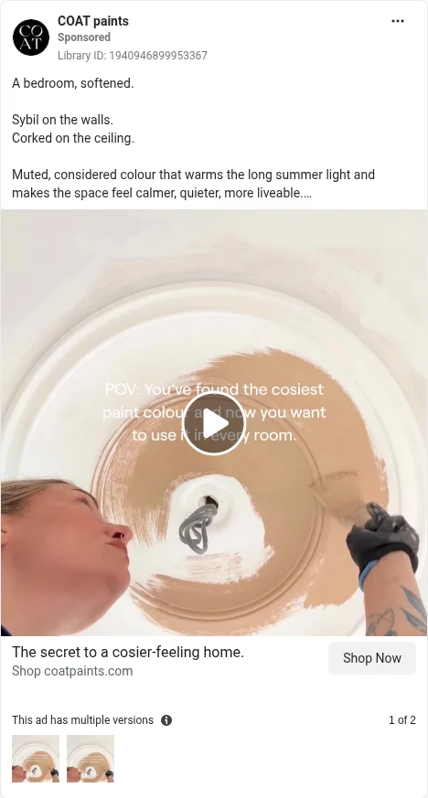Based on Ad Library ID 1940946899953367 — COAT finished-room reveal (FLAG: no live GB true time-lapse; left-column crop).