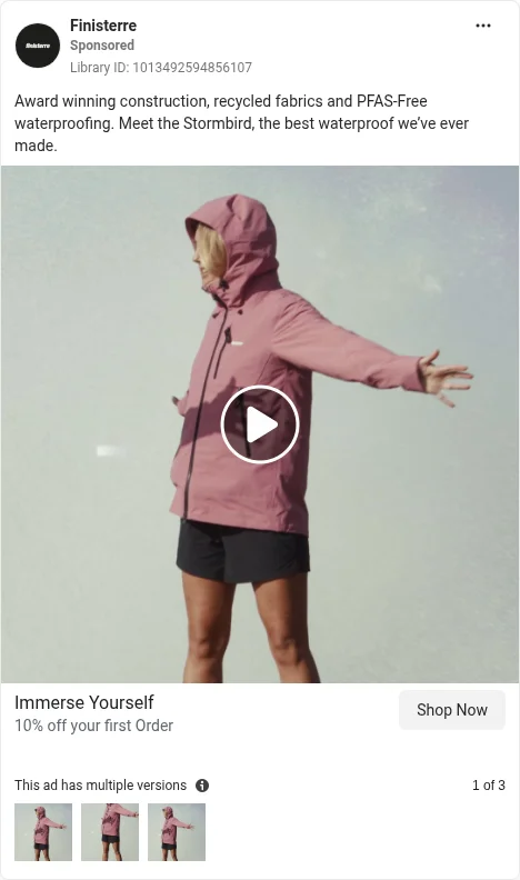 Based on Ad Library ID 1013492594856107 — Finisterre Stormbird recycled fabrics + PFAS-Free (named standards in copy; left-column crop).