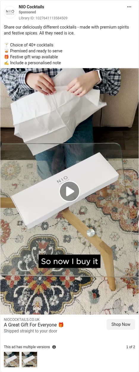 Based on Ad Library ID 1027641113584509 — NIO Cocktails gift-box unboxing video.