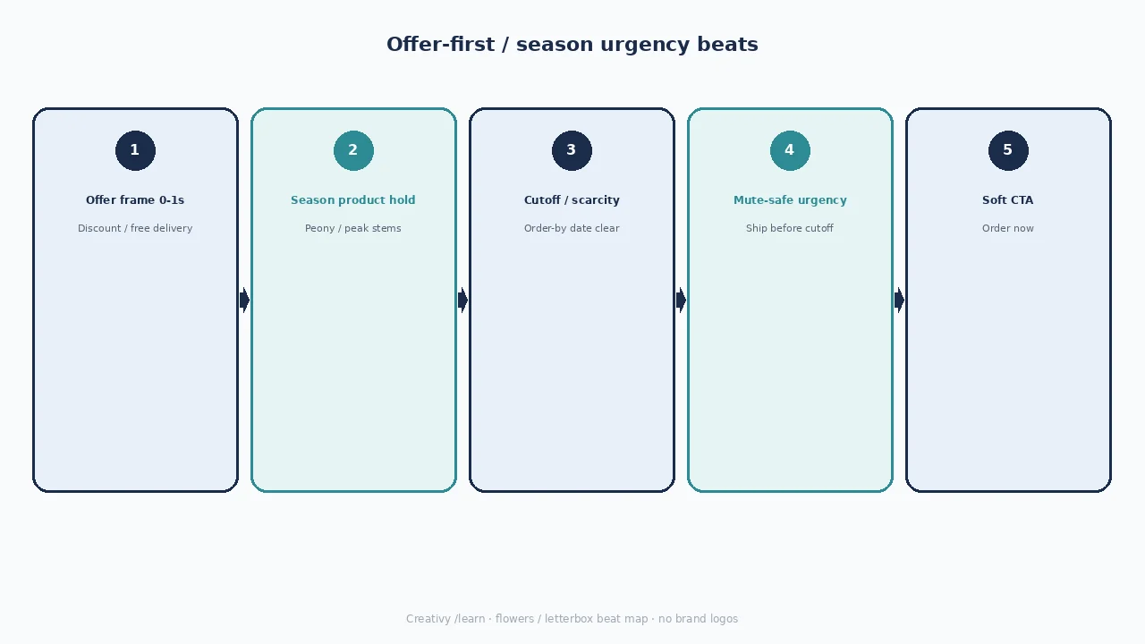Diagram of offer-first / season urgency beats: offer frame, season product, cutoff/scarcity, mute-safe urgency, soft CTA.