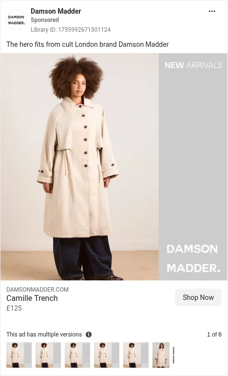 Based on Ad Library ID 1735992671501124 — Damson Madder public Meta creative (left-column crop).