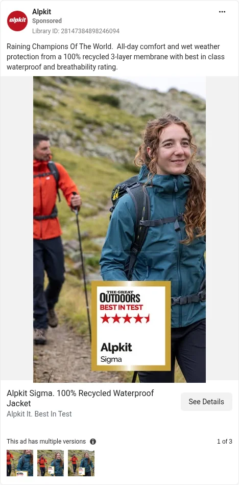 Based on Ad Library ID 28147384898246094, Alpkit · recycled static · GB Ad Library, 7 Oct 2026. FLAG: headline '100% Recycled Waterproof Jacket', body qualifies it to the membrane; 'Best in Test' badge, no year; no certification end card.