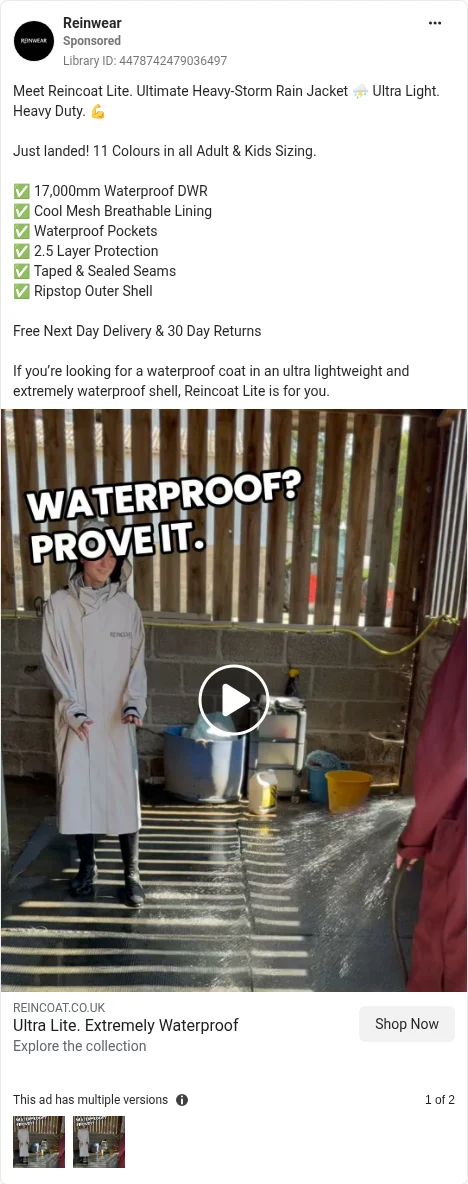 Based on Ad Library ID 4478742479036497, Reinwear · rain-test video · GB Ad Library, 7 Oct 2026. FLAG: garden hose, not rain; test method behind '17,000mm Waterproof DWR' (CAP 3.7); equestrian, adjacent niche.