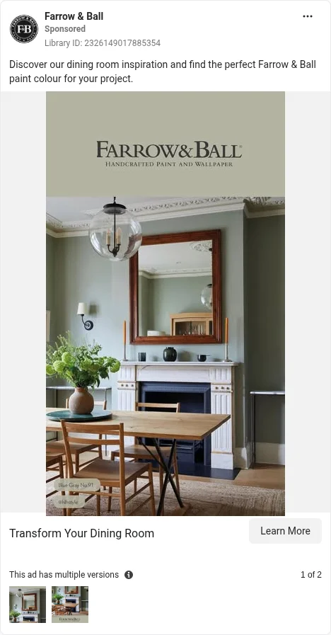 Based on Ad Library ID 2326149017885354 — Farrow & Ball lookbook (FLAG: multi-version — no true Prev/Next; left-column crop).