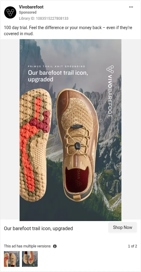 Based on Ad Library ID 1083515227808133, Vivobarefoot (UK brand) · barefoot trail shoes · trial static · GB Ad Library, 8 Oct 2026. FLAG: '100 day trial… your money back', no conditions on the card (CAP 3.56, 3.57).