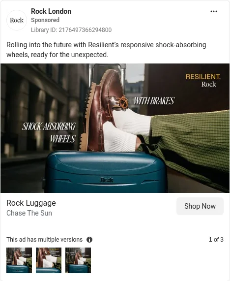 Based on Ad Library ID 2176497366294800, Rock London (UK brand) · feature static · GB Meta Ad Library, viewed 5 Oct 2026. FLAG: shock-absorbing wheels; brakes.