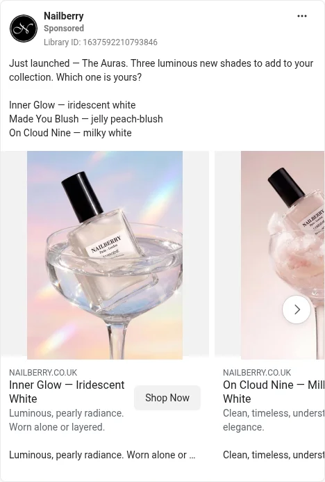 Based on Ad Library ID 1637592210793846 — Nailberry public Meta creative (left-column crop).