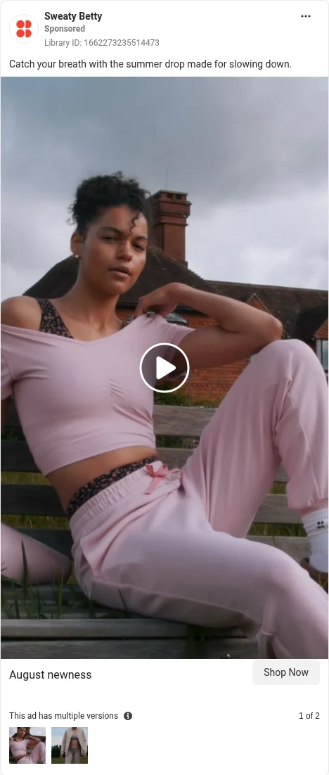 Based on Ad Library ID 1662273235514473 — Sweaty Betty public Meta creative (FLAG: closest Motion mix; left-column crop).