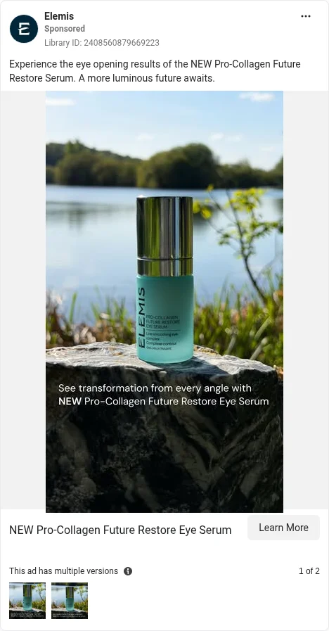 Based on Ad Library ID 2408560879669223 — ELEMIS public Meta creative (left-column crop).