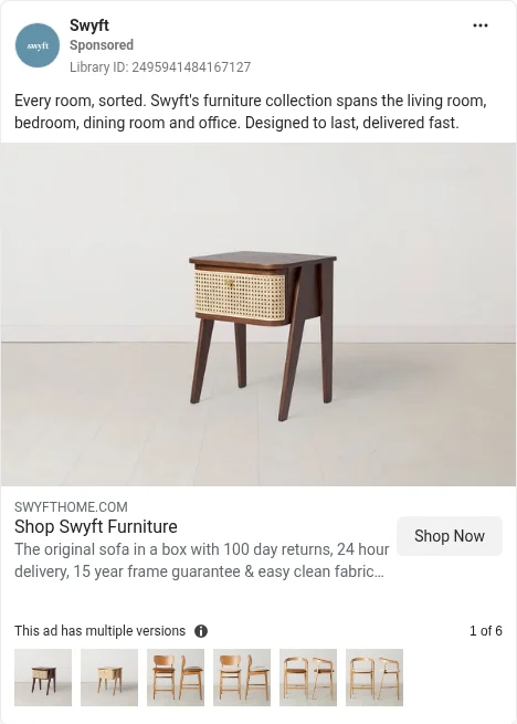 Based on Ad Library ID 2495941484167127 — Swyft catalogue / collection multi-version (FLAG: multi-version not true Prev/Next; catalog/Advantage+-style stand-in; left-column crop).
