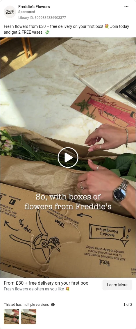 Based on Ad Library ID 3099335336903377 — Freddie's Flowers letterbox unboxing video (left-column crop).