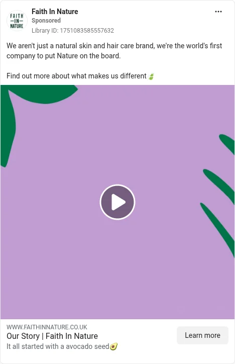 Based on Ad Library ID 1751083585557632 — Faith In Nature mission / “Nature on the board” (FLAG: Vivolife live GB ads were B12; left-column crop).