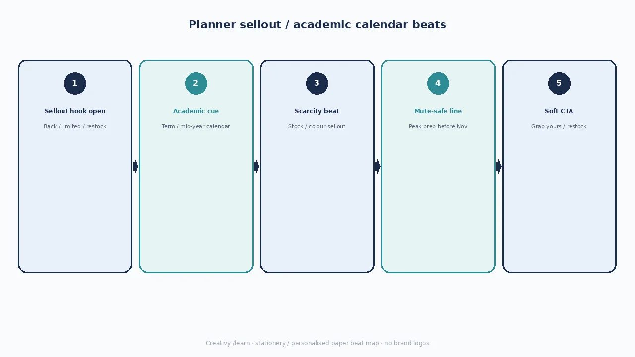Diagram of planner sellout / academic calendar beats: sellout hook, academic cue, scarcity, mute-safe line, soft CTA.