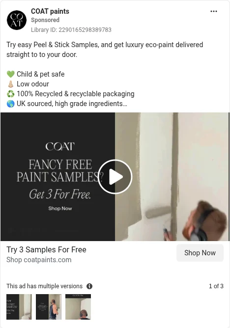 Based on Ad Library ID 2290165298389783 — COAT Peel & Stick Samples free 3-sample CTA (left-column crop).