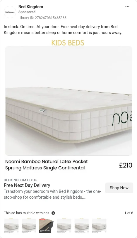 Based on Ad Library ID 2782470815465366 — Bed Kingdom catalogue multi-SKU (FLAG: 1 of 6 — no true carousel; left-column crop).
