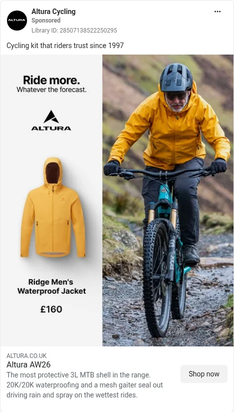 Based on Ad Library ID 28507138522250295, Altura · spec static · GB Ad Library, 7 Oct 2026. FLAG: '20K/20K' needs lab evidence (CAP 3.7); 'most protective… in the range' is an in-range comparison; FOX fork logo on the bike.
